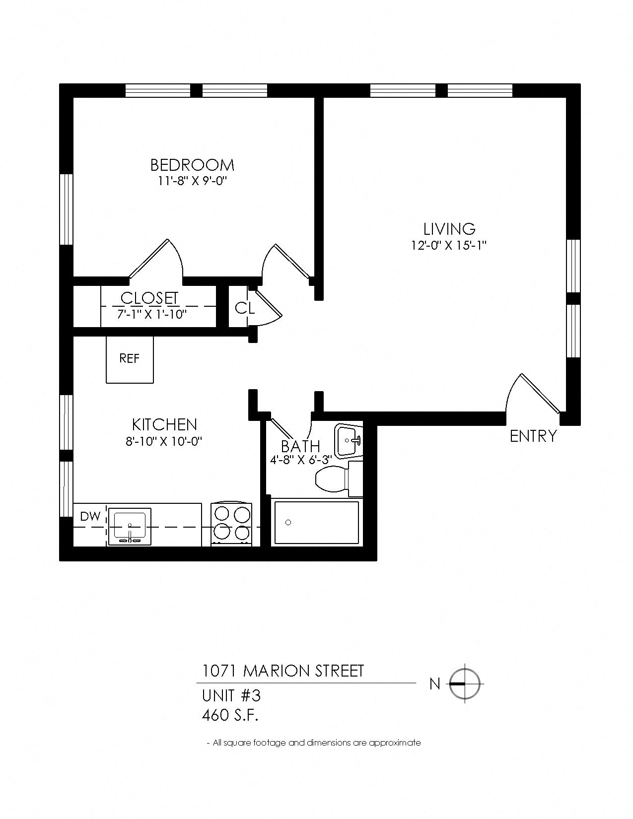 Floor plan for 1 bed, 1 bath, 430 sqft